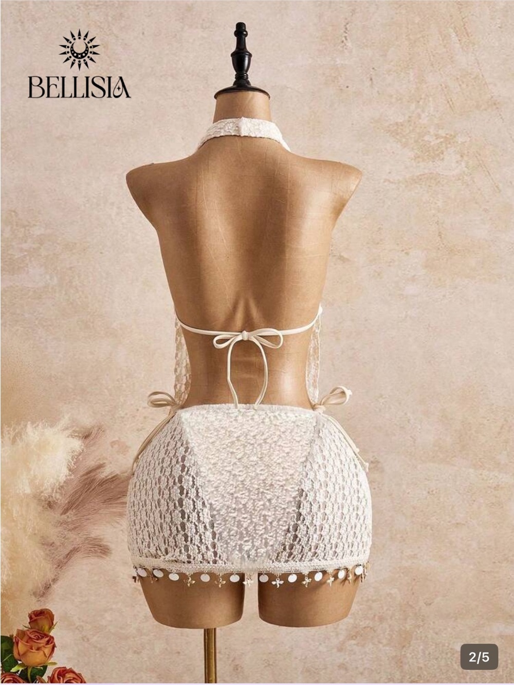 SHEIN Cream Crochet Halter Swim Coverup Set - Picture 2 of 5